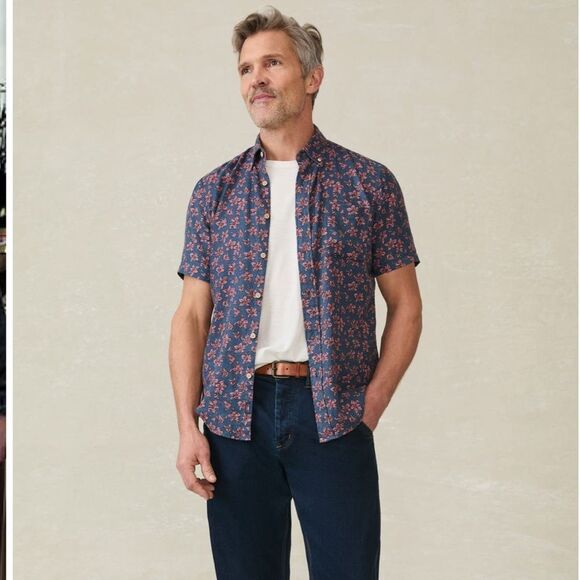 Faherty The Breeze Shirt Blue and pink linen blend button down shirt size large - Picture 1 of 9